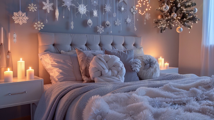 A serene bedroom decorated for Christmas with a gentle color palette of whites and silvers, soft glowing candles on the bedside tables, and delicate snowflake decorations hanging from the ceiling.